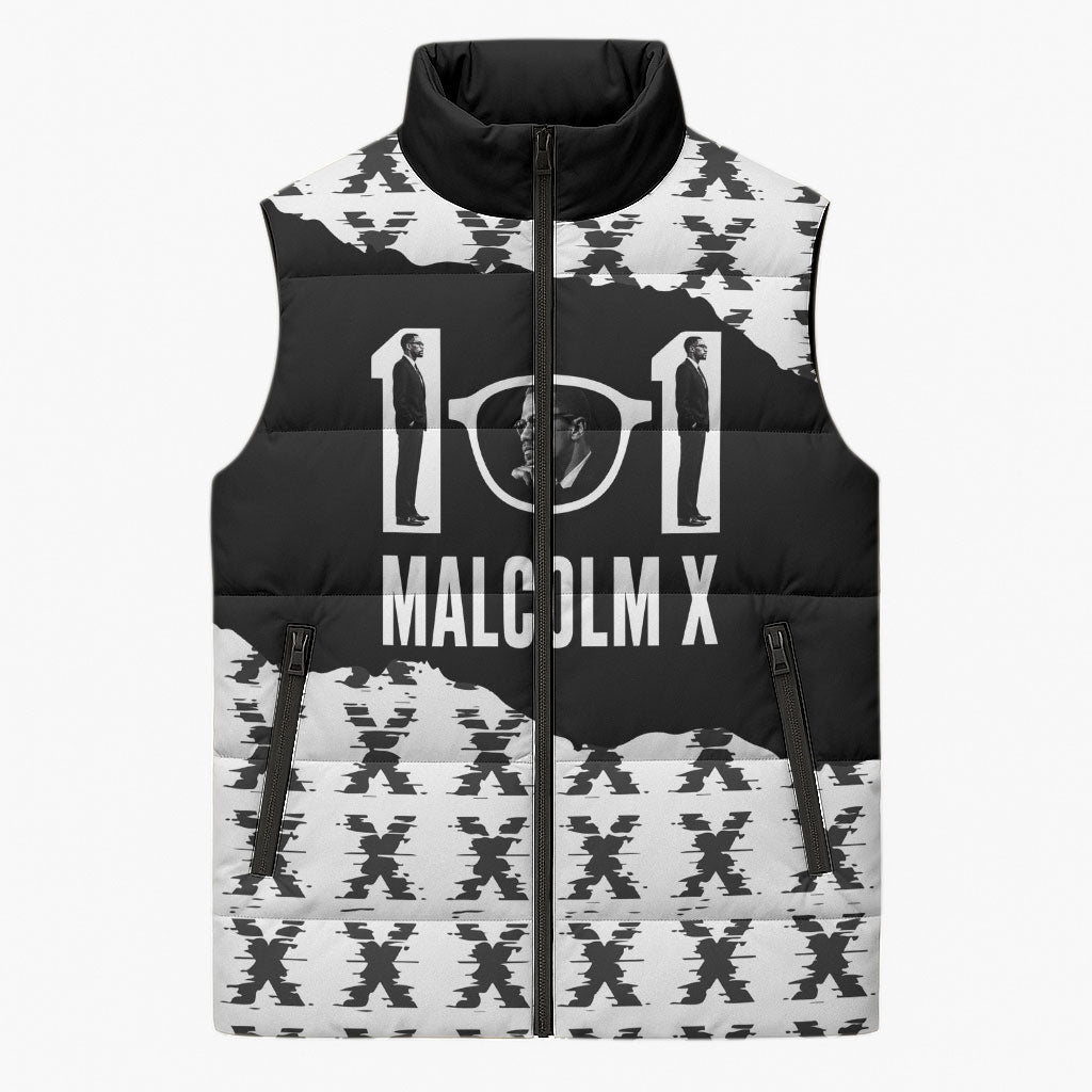 Malcolm X 101 Years Of Resistance Sleeveless Puffer Jacket Civil Rights Leader Portrait - Monochrome X Pattern