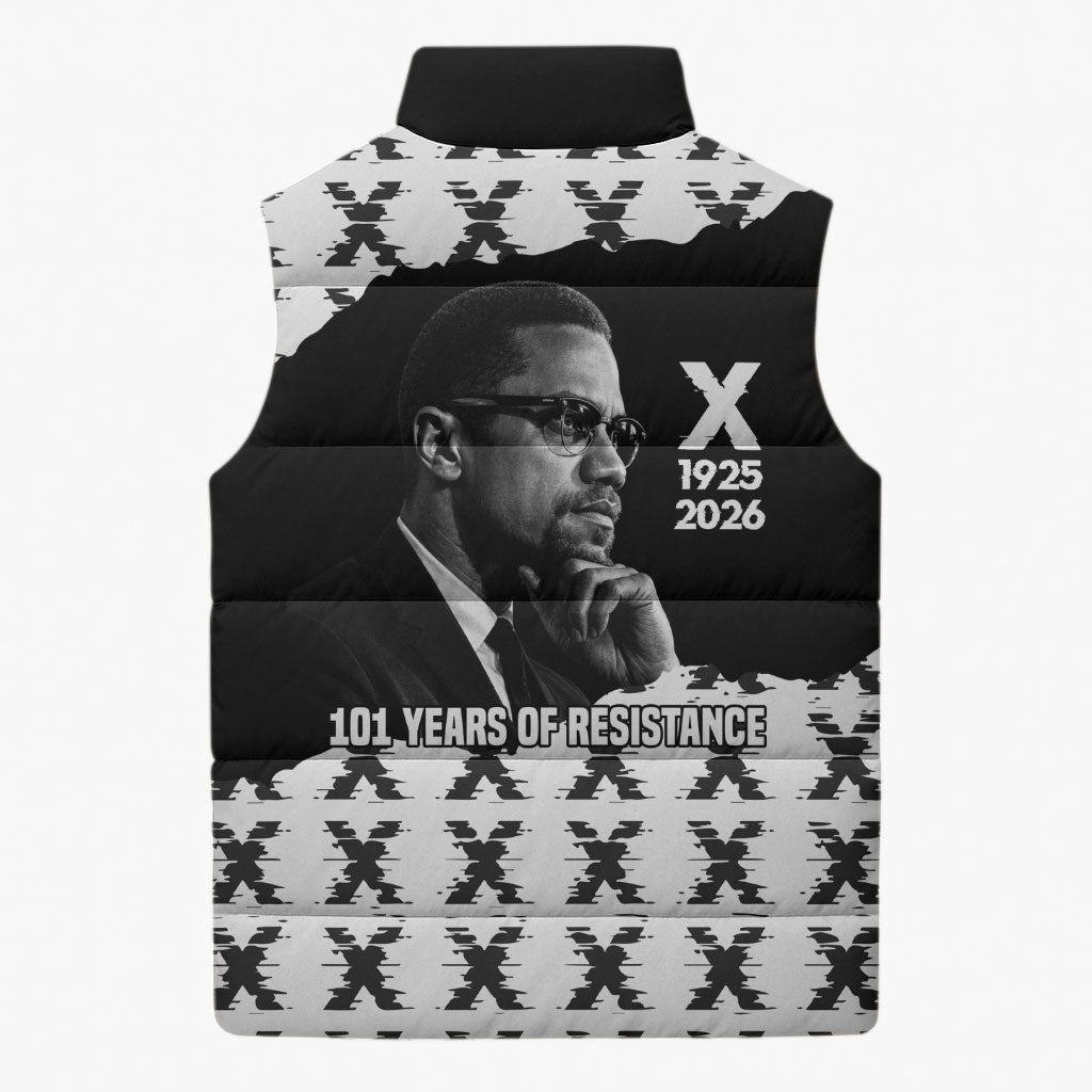 Malcolm X 101 Years Of Resistance Sleeveless Puffer Jacket Civil Rights Leader Portrait - Monochrome X Pattern