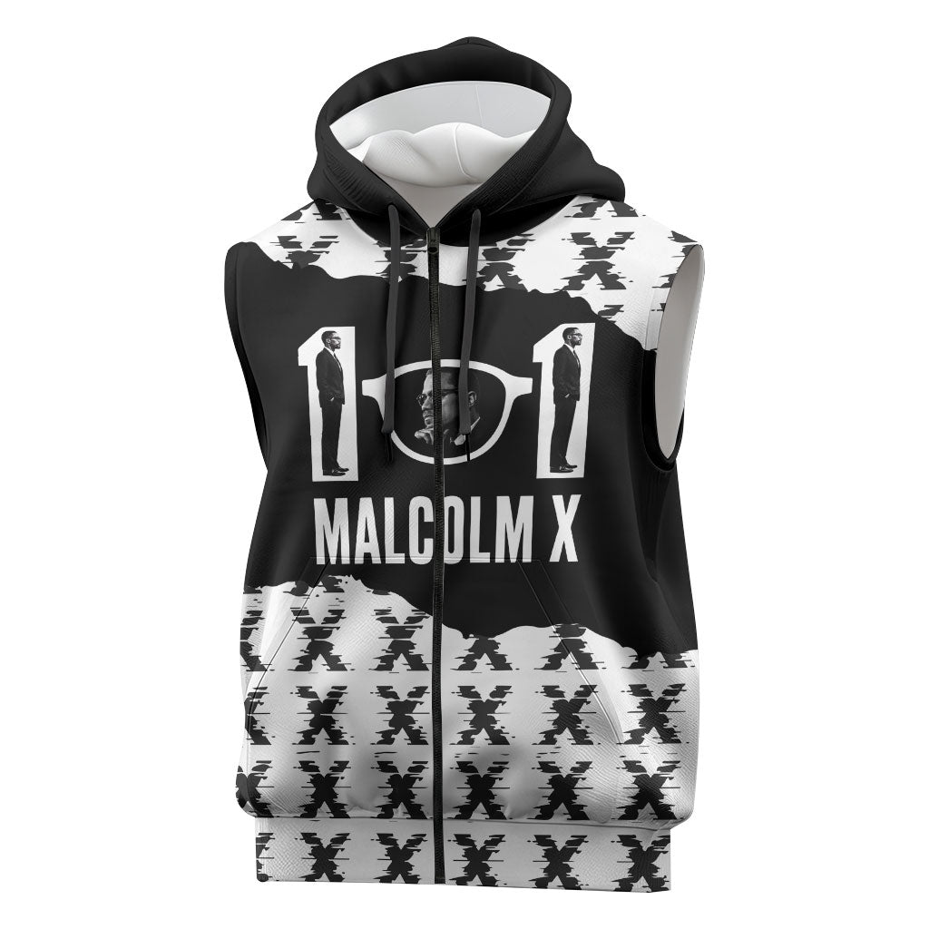 Malcolm X 101 Years Of Resistance Sleeveless Zip Hoodie Civil Rights Leader Portrait - Monochrome X Pattern