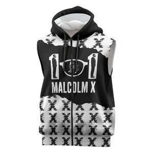 Malcolm X 101 Years Of Resistance Sleeveless Zip Hoodie Civil Rights Leader Portrait - Monochrome X Pattern