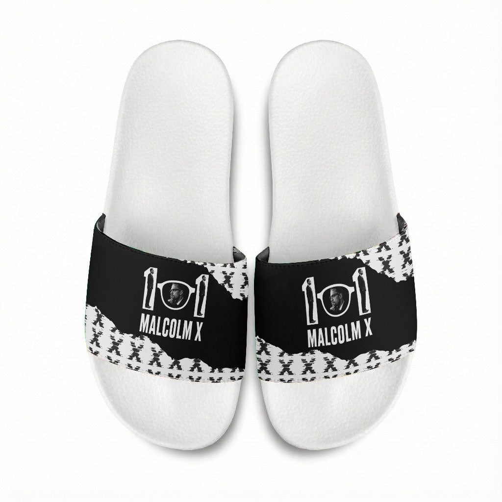 Malcolm X 101 Years Of Resistance Slide Sandals Civil Rights Leader Portrait - Monochrome X Pattern