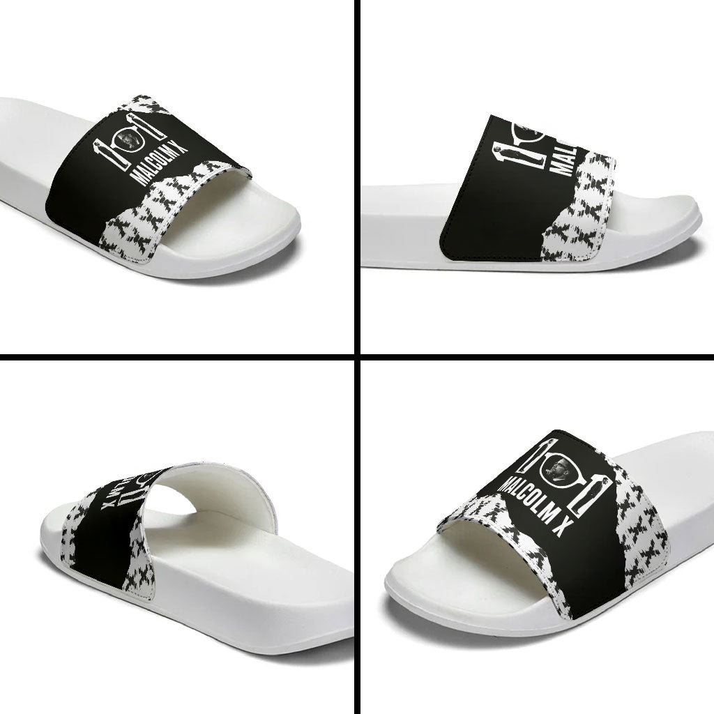 Malcolm X 101 Years Of Resistance Slide Sandals Civil Rights Leader Portrait - Monochrome X Pattern