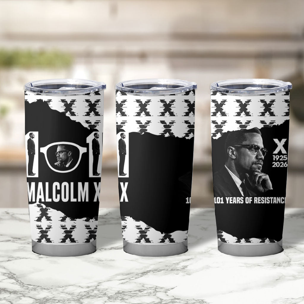 Malcolm X 101 Years Of Resistance Tumbler Cup Civil Rights Leader Portrait - Monochrome X Pattern