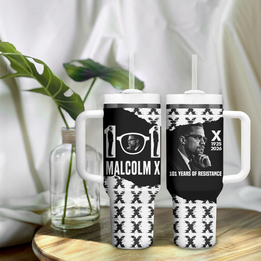 Malcolm X 101 Years Of Resistance Tumbler With Handle Civil Rights Leader Portrait - Monochrome X Pattern