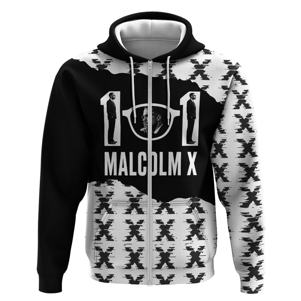 Malcolm X 101 Years Of Resistance Zip Hoodie Civil Rights Leader Portrait - Monochrome X Pattern