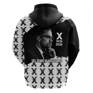 Malcolm X 101 Years Of Resistance Zip Hoodie Civil Rights Leader Portrait - Monochrome X Pattern