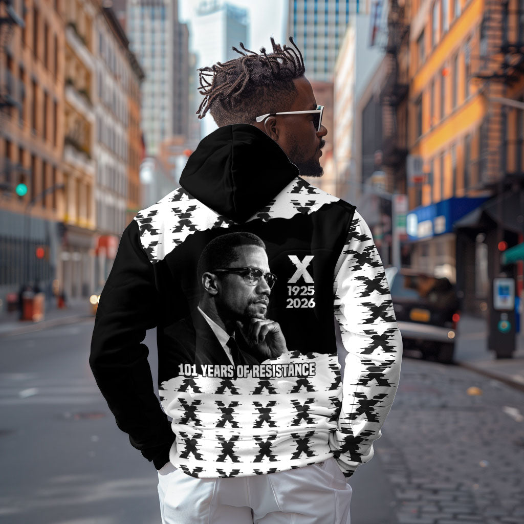 Malcolm X 101 Years Of Resistance Zip Hoodie Civil Rights Leader Portrait - Monochrome X Pattern