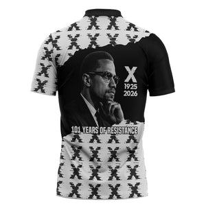 Malcolm X 101 Years Of Resistance Zipper Polo Shirt Civil Rights Leader Portrait - Monochrome X Pattern