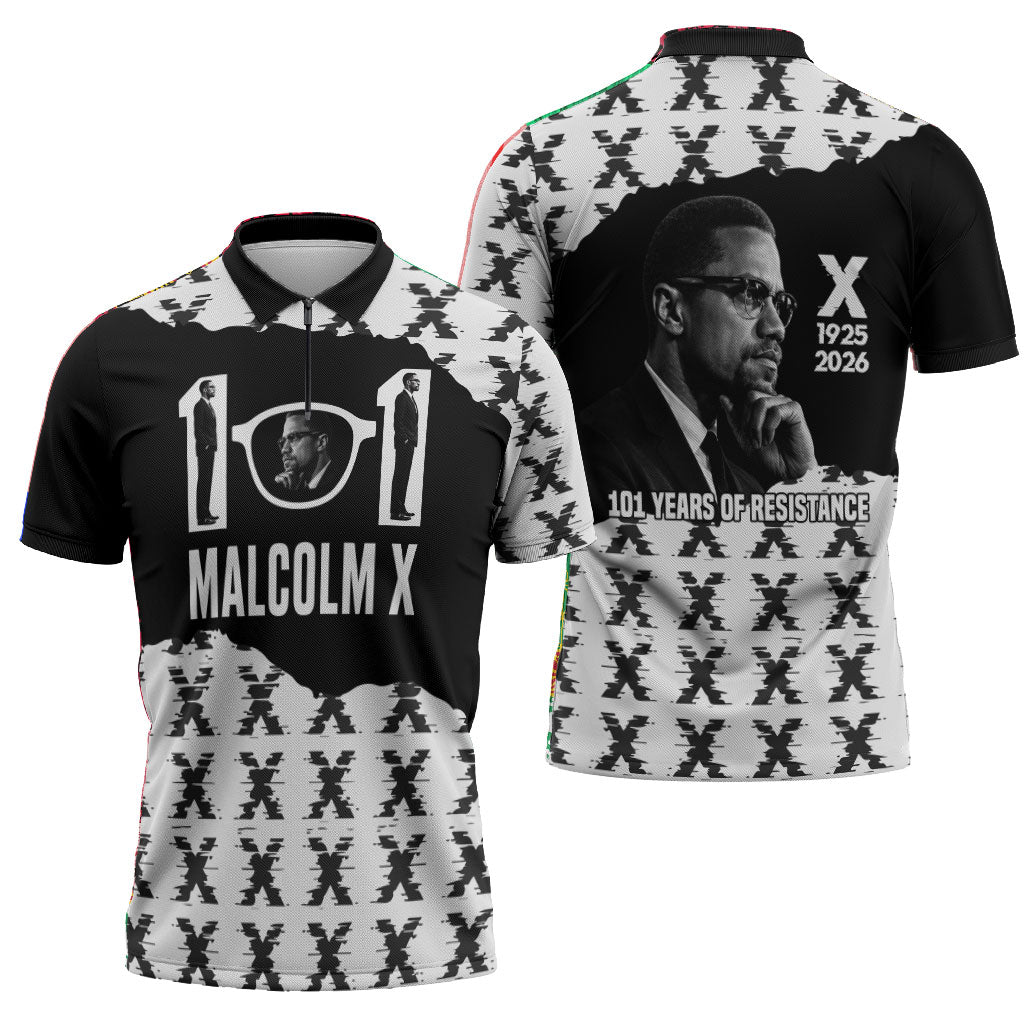 Malcolm X 101 Years Of Resistance Zipper Polo Shirt Civil Rights Leader Portrait - Monochrome X Pattern