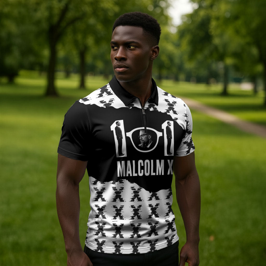 Malcolm X 101 Years Of Resistance Zipper Polo Shirt Civil Rights Leader Portrait - Monochrome X Pattern