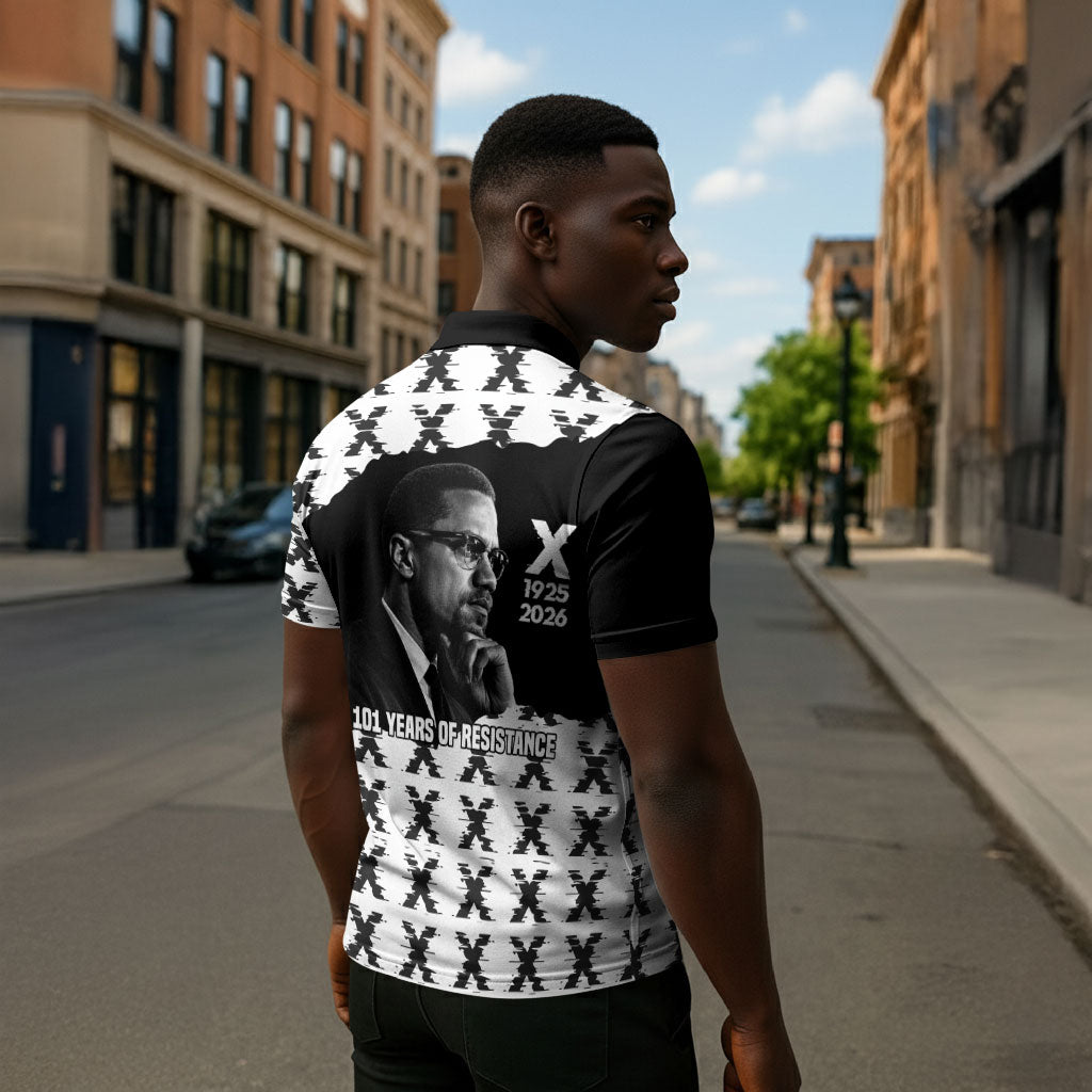 Malcolm X 101 Years Of Resistance Zipper Polo Shirt Civil Rights Leader Portrait - Monochrome X Pattern