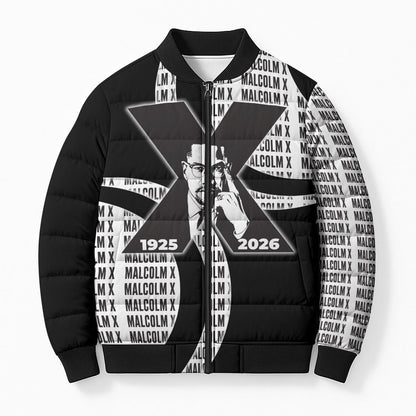 Malcolm X Legacy 1925-2026 Bomber Puffer Jacket African American Heritage - Iconic Portrait Silhouette