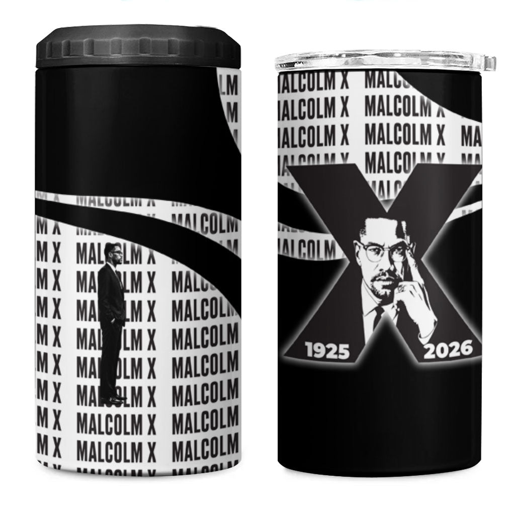 Malcolm X Legacy 1925-2026 4 in 1 Can Cooler Tumbler African American Heritage - Iconic Portrait Silhouette