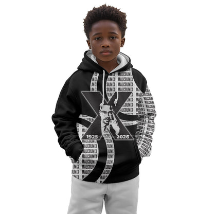 Malcolm X Legacy 1925-2026 Kid Hoodie African American Heritage - Iconic Portrait Silhouette