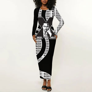 Malcolm X Legacy 1925-2026 Long Sleeve Bodycon Dress African American Heritage - Iconic Portrait Silhouette