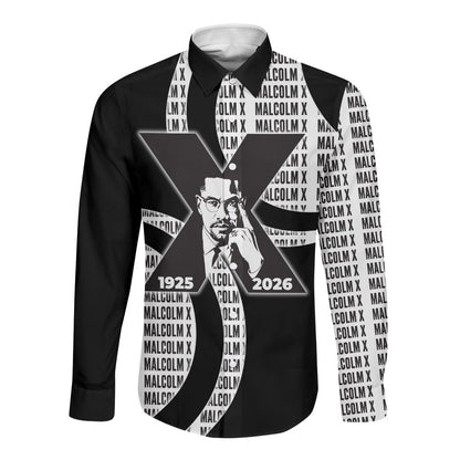 Malcolm X Legacy 1925-2026 Long Sleeve Button Shirt African American Heritage - Iconic Portrait Silhouette