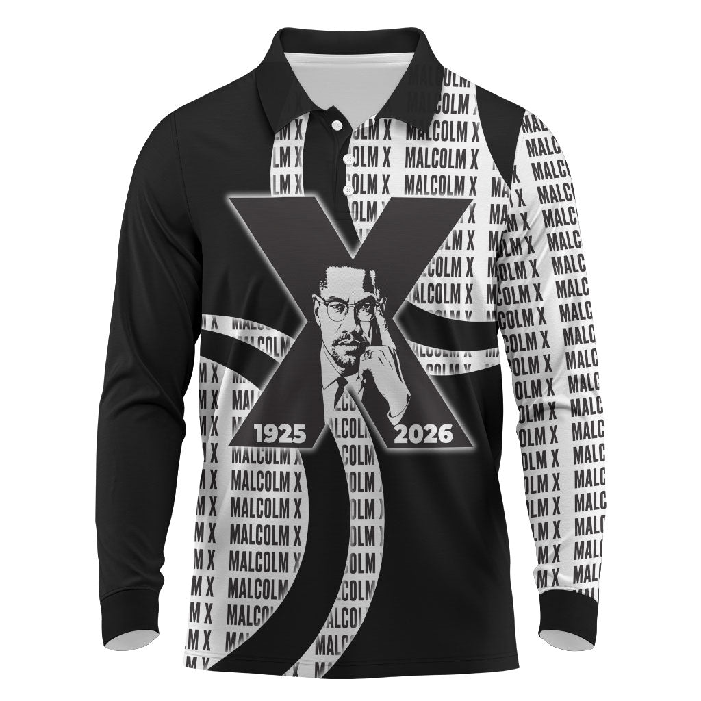 Malcolm X Legacy 1925-2026 Long Sleeve Polo Shirt African American Heritage - Iconic Portrait Silhouette