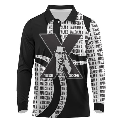 Malcolm X Legacy 1925-2026 Long Sleeve Polo Shirt African American Heritage - Iconic Portrait Silhouette