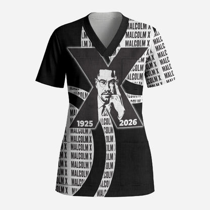Malcolm X Legacy 1925-2026 Scrub Top African American Heritage - Iconic Portrait Silhouette