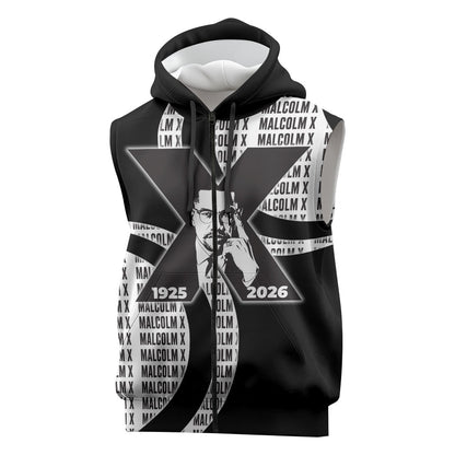 Malcolm X Legacy 1925-2026 Sleeveless Zip Hoodie African American Heritage - Iconic Portrait Silhouette