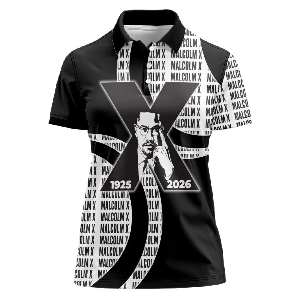 Malcolm X Legacy 1925-2026 Women Polo Shirt African American Heritage - Iconic Portrait Silhouette