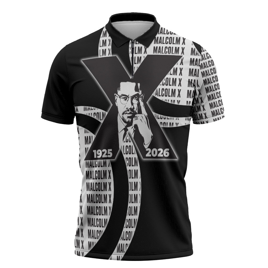 Malcolm X Legacy 1925-2026 Zipper Polo Shirt African American Heritage - Iconic Portrait Silhouette