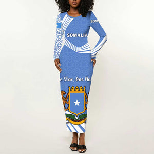 Somalia Long Sleeve Bodycon Dress with Coat of Arms One Star One Nation Blue White Spirit