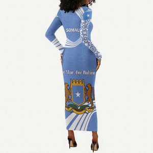 Somalia Long Sleeve Bodycon Dress with Coat of Arms One Star One Nation Blue White Spirit
