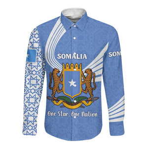 Somalia Long Sleeve Button Shirt with Coat of Arms One Star One Nation Blue White Spirit