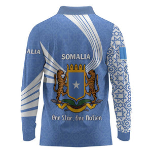 Somalia Long Sleeve Polo Shirt with Coat of Arms One Star One Nation Blue White Spirit