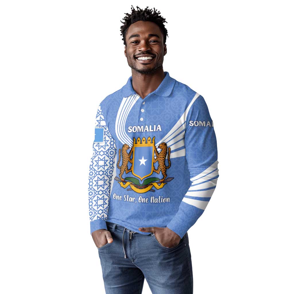 Somalia Long Sleeve Polo Shirt with Coat of Arms One Star One Nation Blue White Spirit
