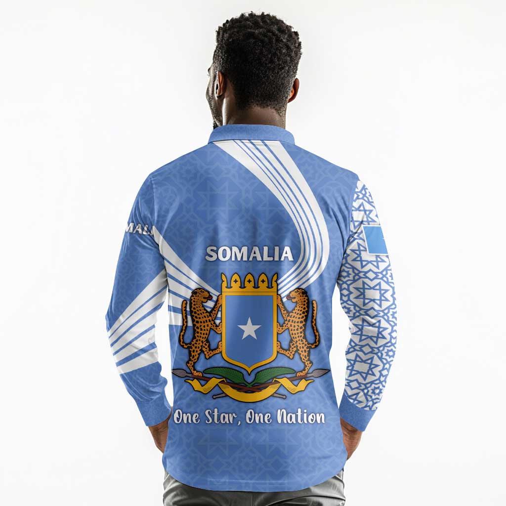 Somalia Long Sleeve Polo Shirt with Coat of Arms One Star One Nation Blue White Spirit
