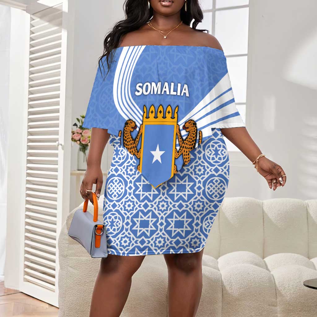 Somalia Off Shoulder Short Dress with Coat of Arms One Star One Nation Blue White Spirit
