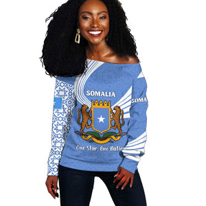Somalia Off Shoulder Sweater with Coat of Arms One Star One Nation Blue White Spirit