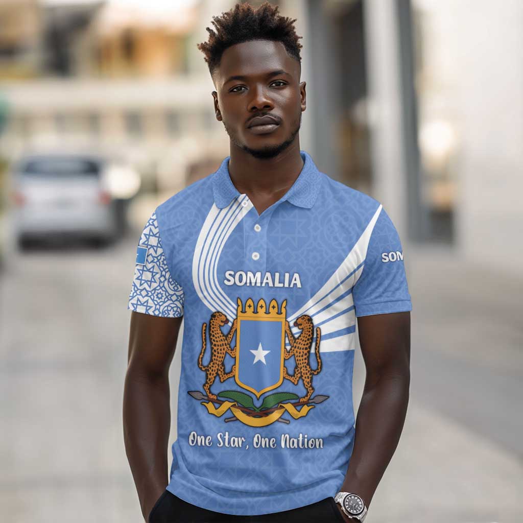 Somalia Polo Shirt with Coat of Arms One Star One Nation Blue White Spirit