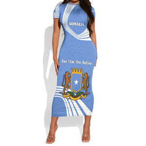 Somalia Short Sleeve Bodycon Dress with Coat of Arms One Star One Nation Blue White Spirit
