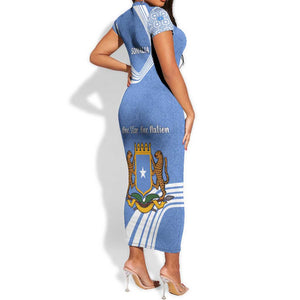 Somalia Short Sleeve Bodycon Dress with Coat of Arms One Star One Nation Blue White Spirit