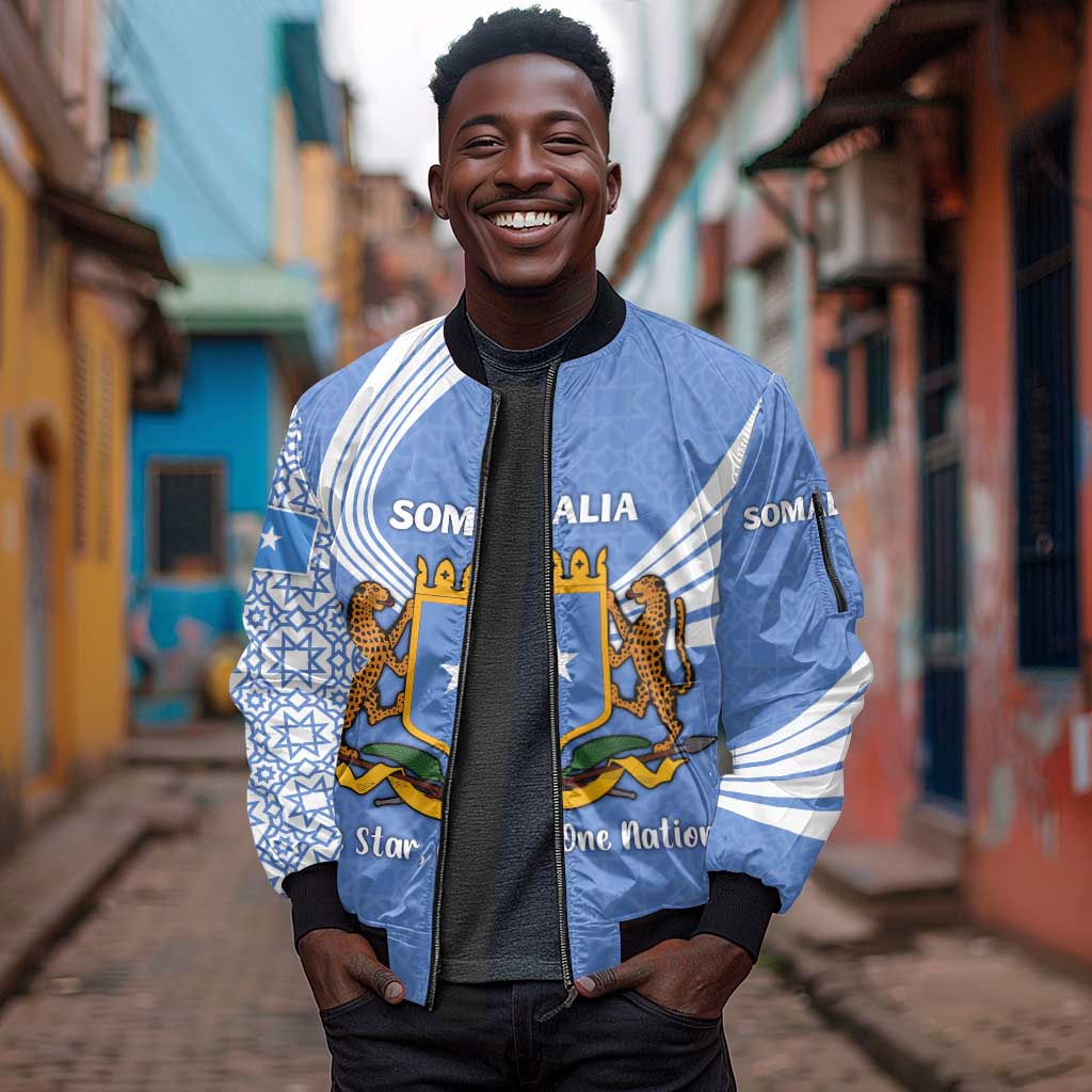 Somalia Sleeve Zip Bomber Jacket with Coat of Arms One Star One Nation Blue White Spirit