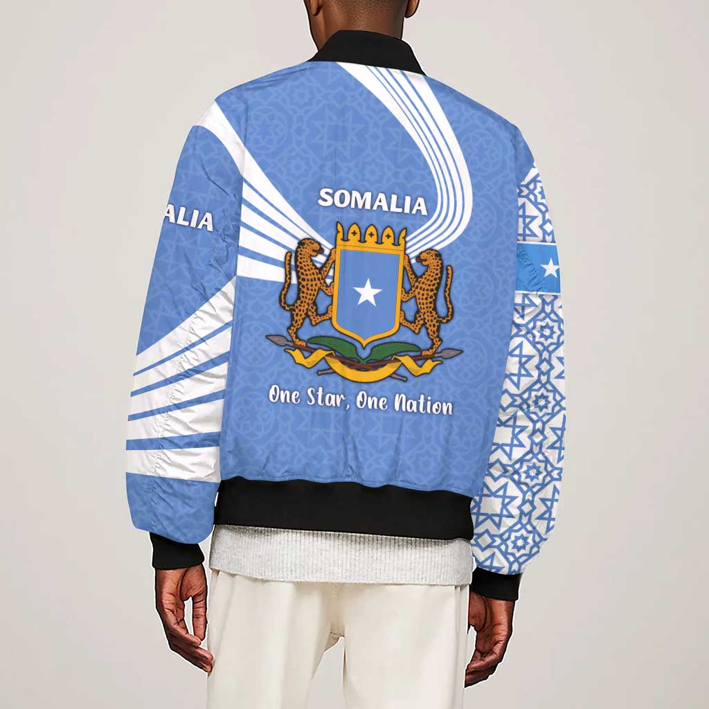 Somalia Sleeve Zip Bomber Jacket with Coat of Arms One Star One Nation Blue White Spirit