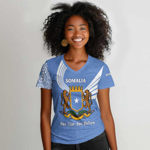 Somalia Women V-Neck T-Shirt with Coat of Arms One Star One Nation Blue White Spirit