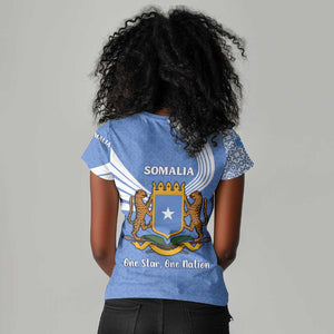 Somalia Women V-Neck T-Shirt with Coat of Arms One Star One Nation Blue White Spirit