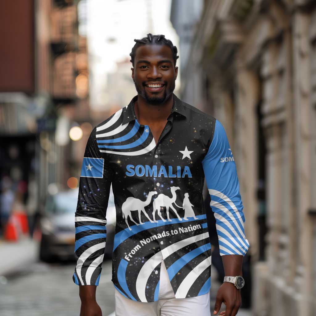 Somalia Long Sleeve Button Shirt with From Nomads to Nation Camel Galaxy Flag Spirit