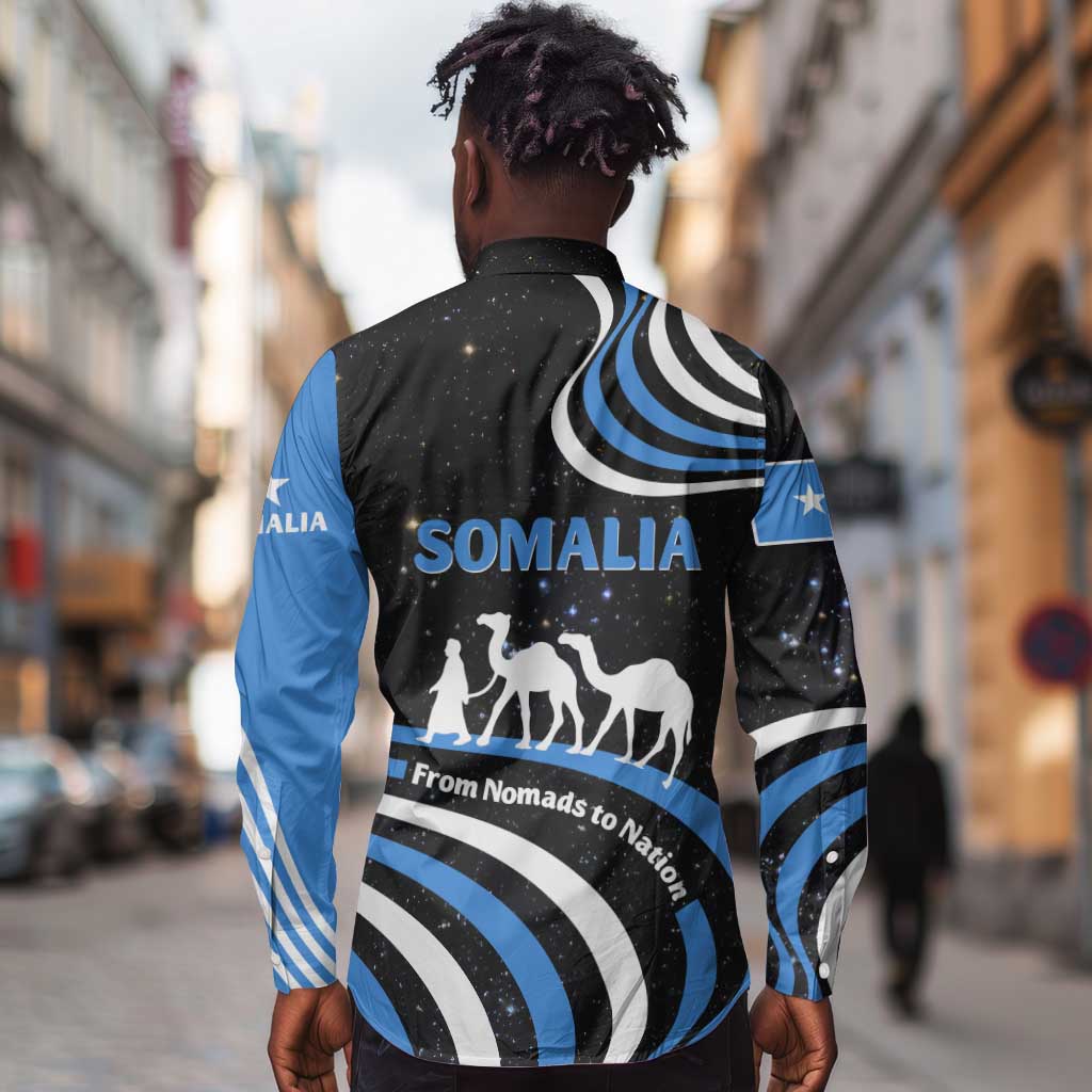 Somalia Long Sleeve Button Shirt with From Nomads to Nation Camel Galaxy Flag Spirit