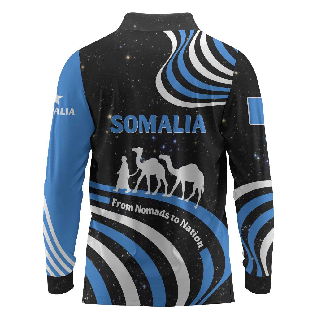 Somalia Long Sleeve Polo Shirt with From Nomads to Nation Camel Galaxy Flag Spirit