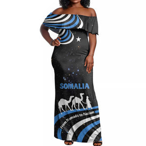 Somalia Off Shoulder Maxi Dress with From Nomads to Nation Camel Galaxy Flag Spirit