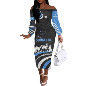 Somalia Off The Shoulder Long Sleeve Dress with From Nomads to Nation Camel Galaxy Flag Spirit