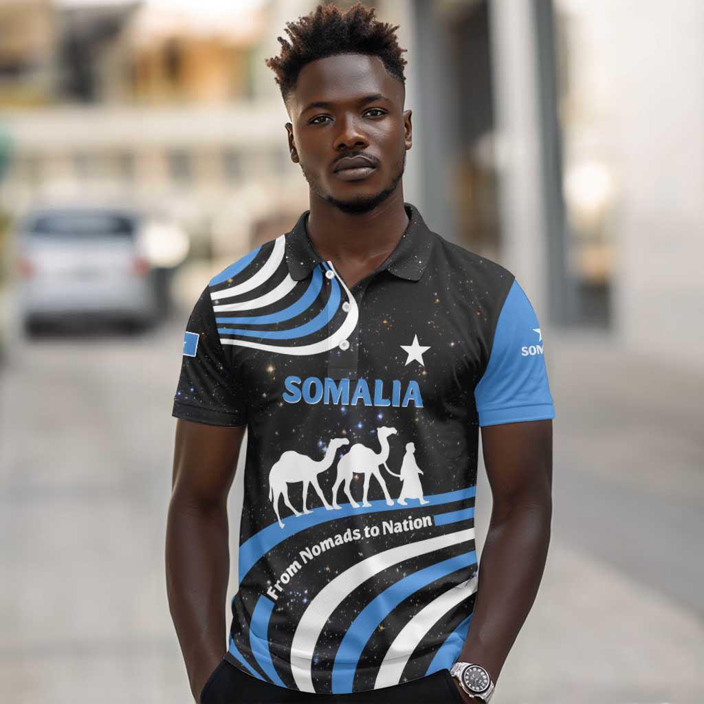 Somalia Polo Shirt with From Nomads to Nation Camel Galaxy Flag Spirit