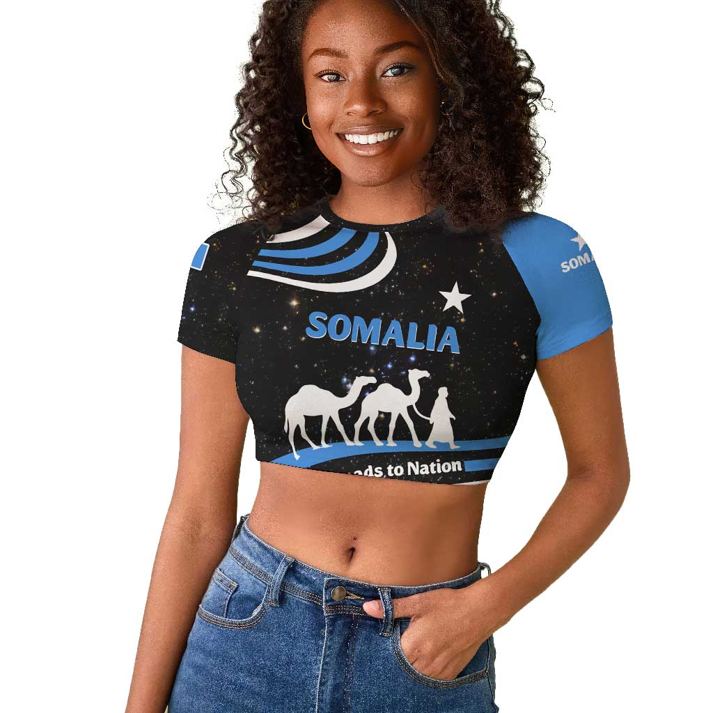 Somalia Raglan Cropped T shirt with From Nomads to Nation Camel Galaxy Flag Spirit