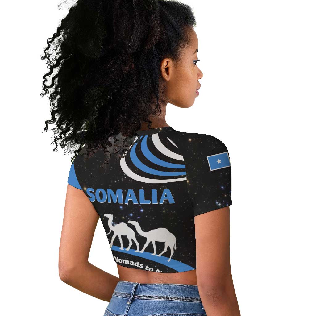 Somalia Raglan Cropped T shirt with From Nomads to Nation Camel Galaxy Flag Spirit