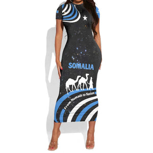 Somalia Short Sleeve Bodycon Dress with From Nomads to Nation Camel Galaxy Flag Spirit